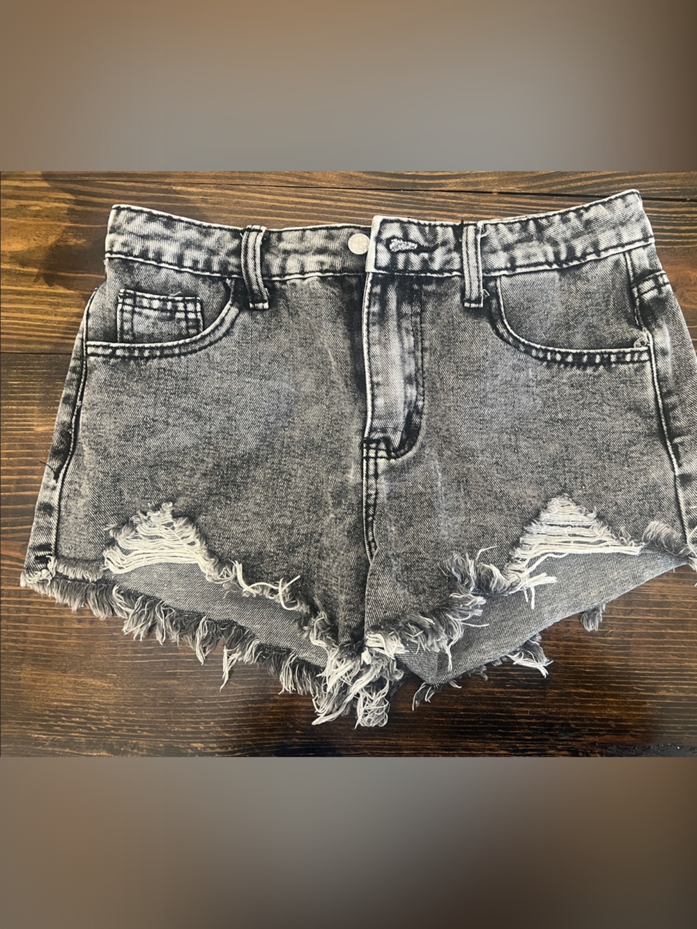SHEIN Grey Washed Distressed High-Rise Denim Shorts